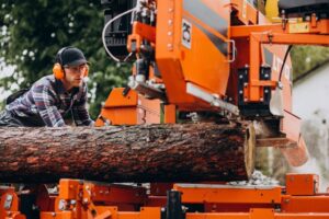 a worker harvesting wood on sawmill