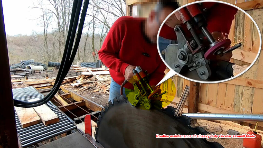 Close-up of a sawmill blade being inspected for wear and damage