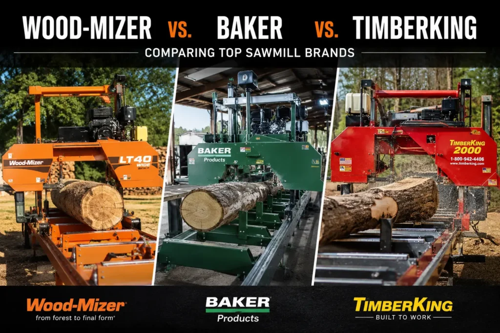 Wood-Mizer, Baker, and TimberKing sawmills compared side by side to help buyers choose the right sawmill brand.